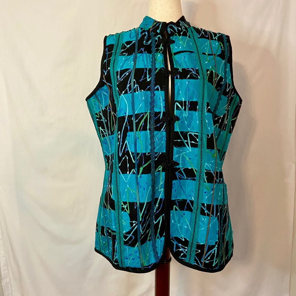 Vintage Teal and Black Coldwater Creek Embroidered Vest Plus Size 1X
